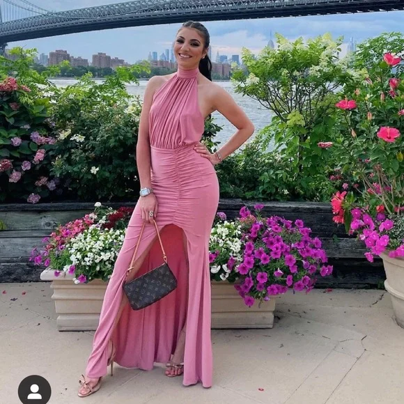 Club L London | Dresses | Blush Pink Halter Neck Gown Ruched W Split Wedding  Guest Maxi Dress | Poshmark